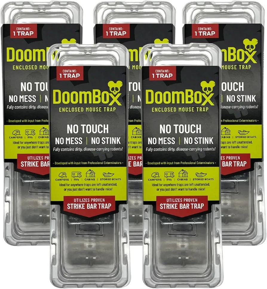 DoomBox™ Clear Enclosed Mouse Trap | Keeps The Mess with The Mouse | Patented Click-It™ Closure Technology | Safe for Kids & Pets | Certified Child Resistant | Made in USA (5) (Clear)