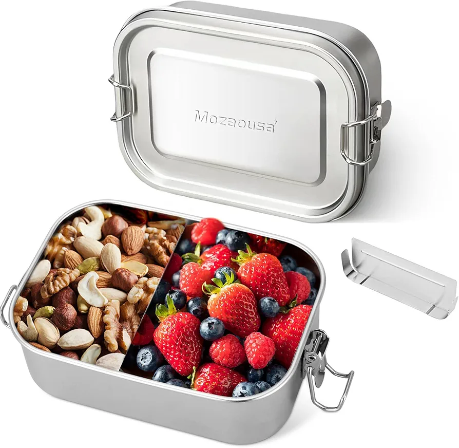 47oz-Large Stainless Steel Lunch Box with Removable Divider, 100% Leak-Proof Metal Bento Box, Steel Snack Containers with Lids, Meal Storage Solution for Travel & Work