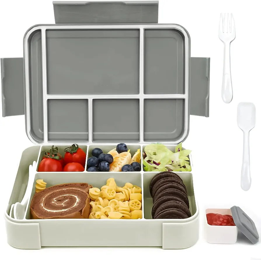 Bugucat Bento Box Adult Lunch Box, 45 OZ Leak-Proof Lunch Containers for Adults with 6 Compartments Cutlery Suitable for Microwave Dishwasher, Versatile Bento Box for Kids Adults Teens