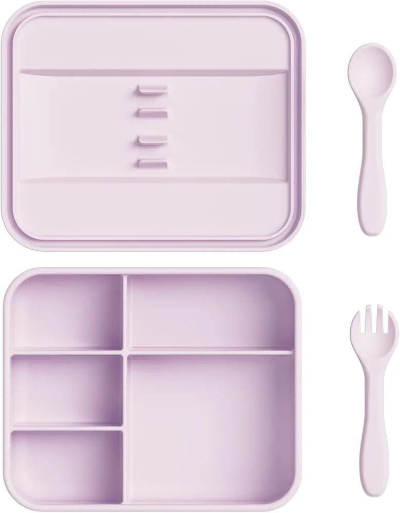 Silicone Bento Lunch Box with Compartments, Leakproof Bento Box for Toddler Kids Adults, Leak-Proof Lunch Container with Lid, Cute Bento Boxes, Dishwasher & Freezer Safe(Light Purple)
