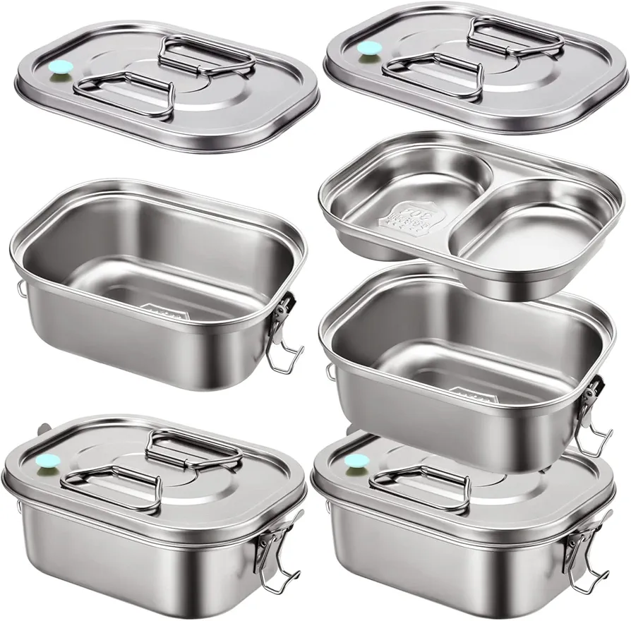 2 Pieces Bento Box Stainless Steel Bento Box Metal Lunch Box Containers Leak-proof For Kids Adults Dual Tiers Metal Lunch Box Container With Airtight Valve Handle BPA Free Dishwasher Safe (Small)
