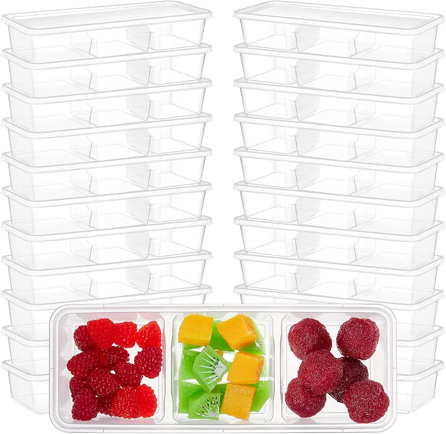 Hushee 25 Pack 17 oz Small Meal Prep Containers 3 Compartments with Lids, Disposable Plastic Bento Boxes Reusable Stackable Food Containers Travel Lunch Boxes for Office, Picnic (Clear)