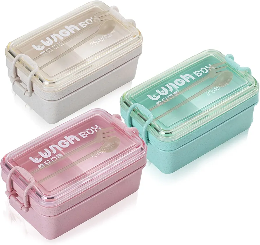Yesland 3 Packs Bento Box, Wheat Straw 3-In-1 Compartment Japanese Lunch Box with Spoon and Fork, 2 Tier Stackable Lunch Containers for Adults (Beige, Pink & Green, 950Ml)