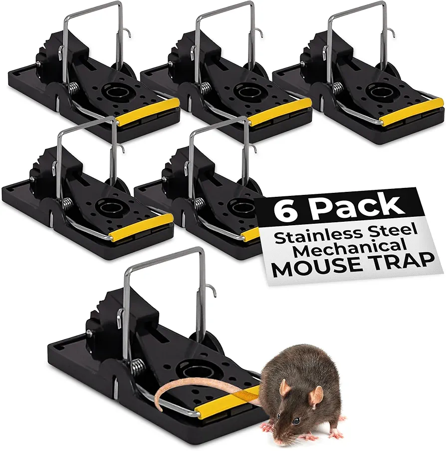 TwinTech Stainless Steel Mechanical Mouse Traps - 4"x2"x2.5" Reusable Snap Traps for Mice - Safe Traps with Finger Protection for Indoor Outdoor Use - 6-Pack