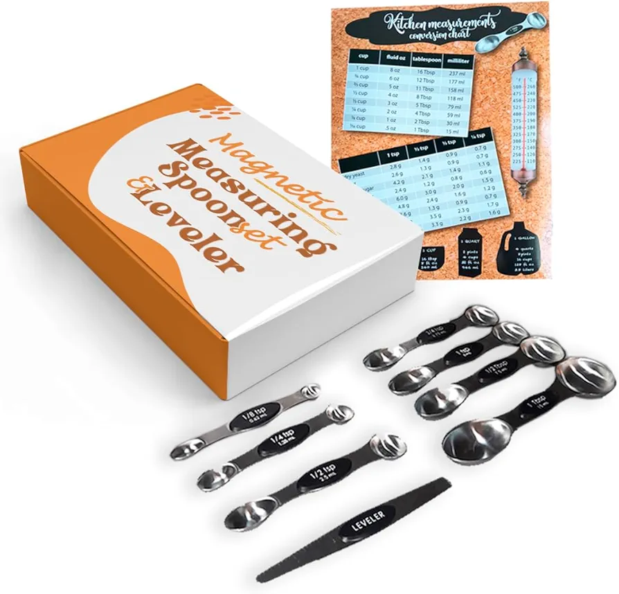 Dual sided Magnetic Measuring Spoon set & Leveler Stainless Steel Double-Ended Spoons for Accurate Cooking & Baking, Magnet Conversion Chart Mat for refigerator Included, 8 Essential Sizes, Pro Chefs