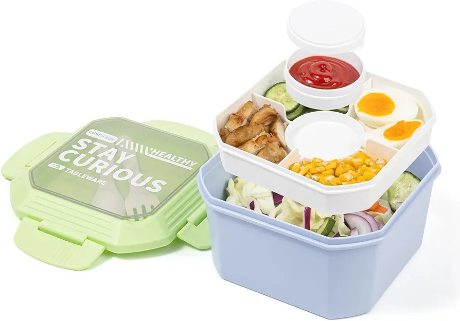 52-oz Adult Lunch Box Bento Box for Men Women, Salad Bowl with 4-Compartment Tray, Utensils, Reusable Sauce Dressing Container for Salad Topping, Snacks, Microwave & Dishwasher Safe, Blue