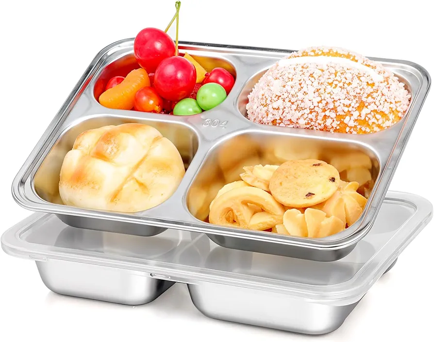 2 Pcs Stainless Steel Snack Containers with Lids, 4 Compartments Stainless Steel Lunch Box, Reusable Meal Prep Lunch Containers for Kids Adults, Divided Food Storage Containers for School Home Travel
