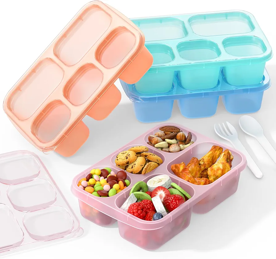 Bento Box Adult Lunch Box - 4 Pack, 5-Compartment Meal Prep Container for Kids, Stackable Snack Containers for School and Travel Lunch, Microwave Safe (Transparent(Pink/Blue/Green/Yellow))