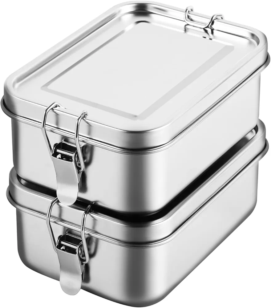 2 Pcs Stainless Steel Bento Box, 850ml (28oz) Metal Food Storage Snack Containers, Reusable Dishwasher Safe Lunch Snack Boxes for Work, School, and Travel (850mlx2)