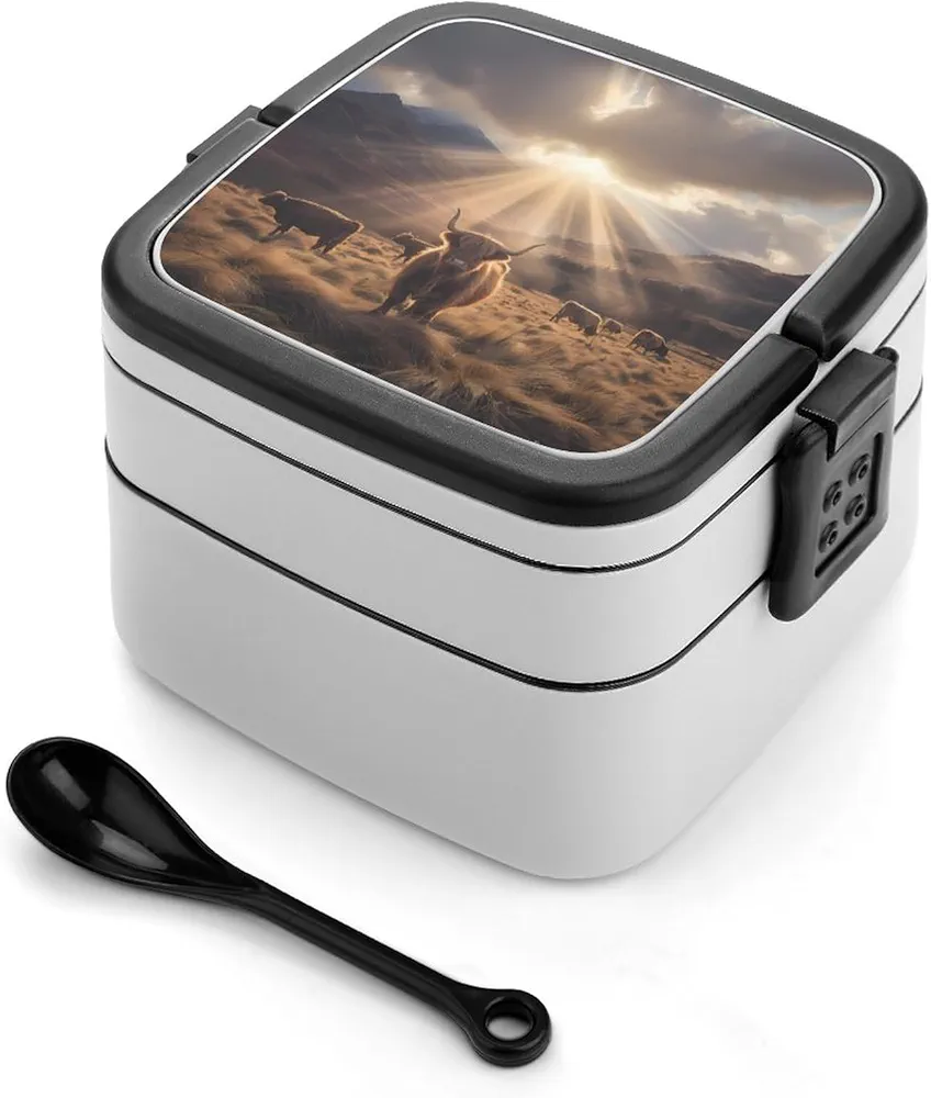 Highland Cow Lunch Box Bento Box Detachable Double Lunch Box Containers for Adult