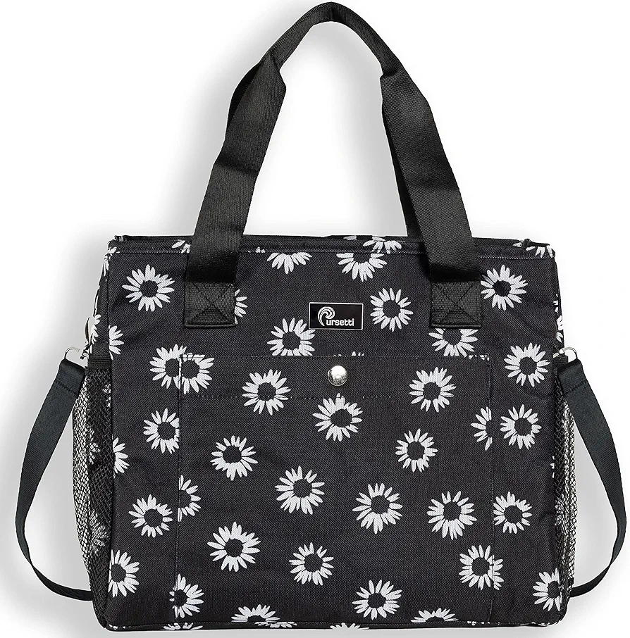 Insulated Lunch Bag for Women-Reusable Large Lunch Tote Bag with Water Bottle Holder & Leak-Proof Lining for Work or Travel-Carry by Hand, On the Shoulder or Crossbody (Black Daisy)