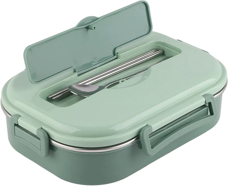 Bento Box, Stainless Steel Lunch Box 4‑Grid Portable Bento Box Food Storage Container Insulation with Separate Soup Bowl Includes Spoons and Chopsticks(Green)