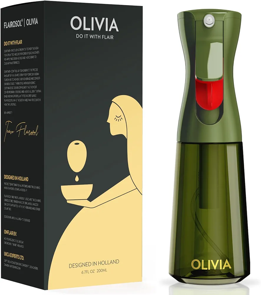 FLAIROSOL OLIVIA Oil Sprayer for Cooking, 200ml Glass Olive Oil Sprayer, Continuous Oil Spray Bottle with Portion Control, Oil Dispenser for Kitchen, Air Fryer, Salad, BBQ (Green Bottle, Gold Print)