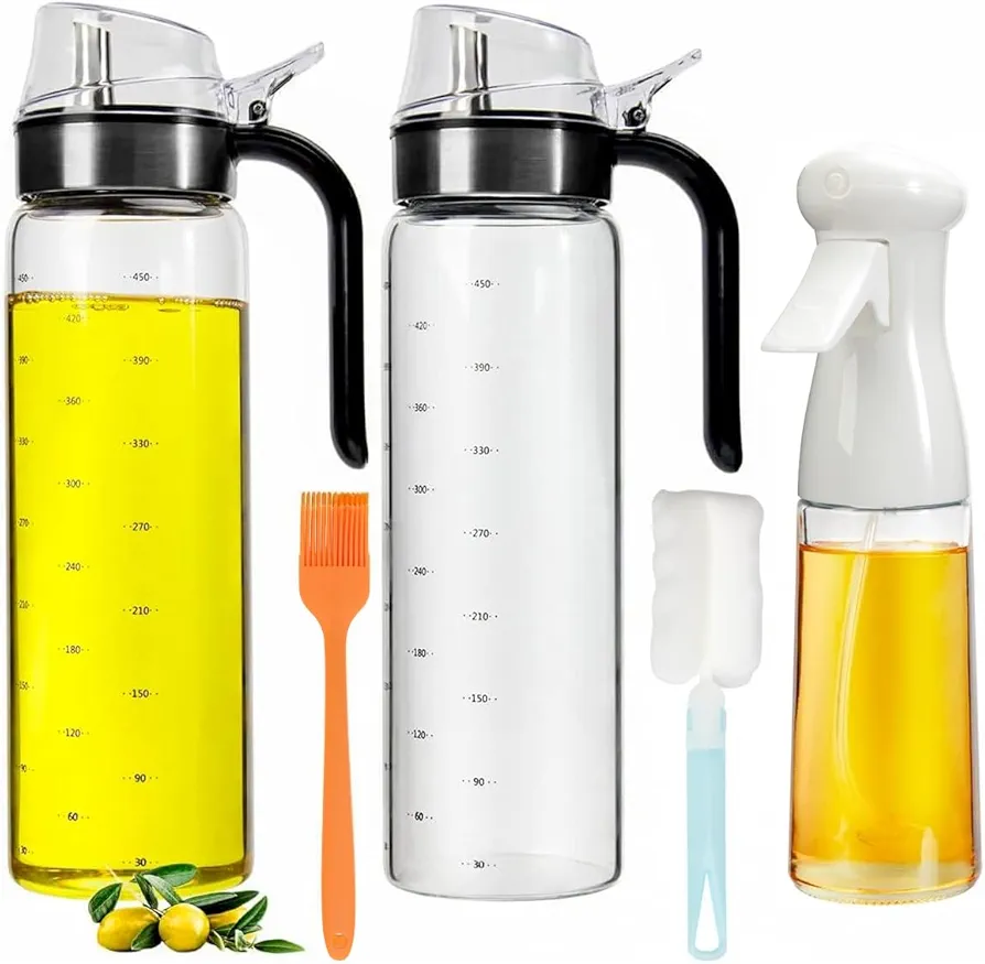 WERTIOO Olive Oil Dispenser Bottles 2Pcs 450ml Auto Flip Condiment Container with 1Pcs 7oz Oil Sprayer Vegetable Oil Dispenser Set