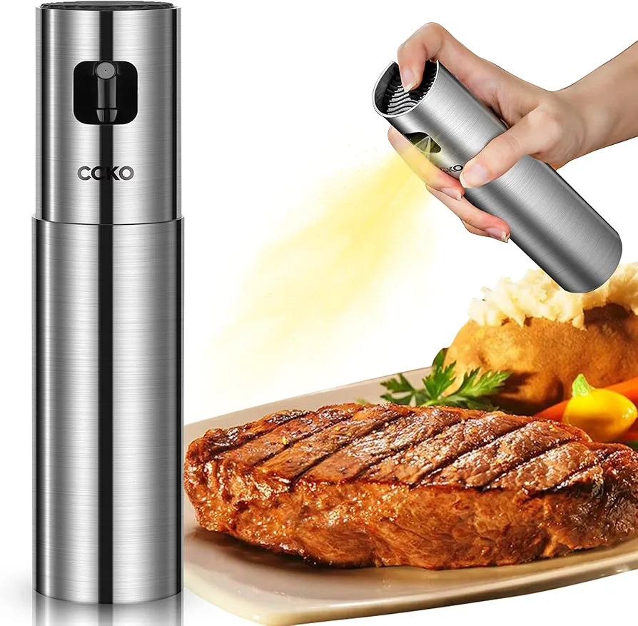 CCKO Oil Sprayer for Cooking Air Fryer Stainless Steel Olive Oil Sprayer Mister 100ML Portable Olive Oil Spray Bottle for BBQ,Salad, Kitchen Baking,Frying,Roasting,Grilling