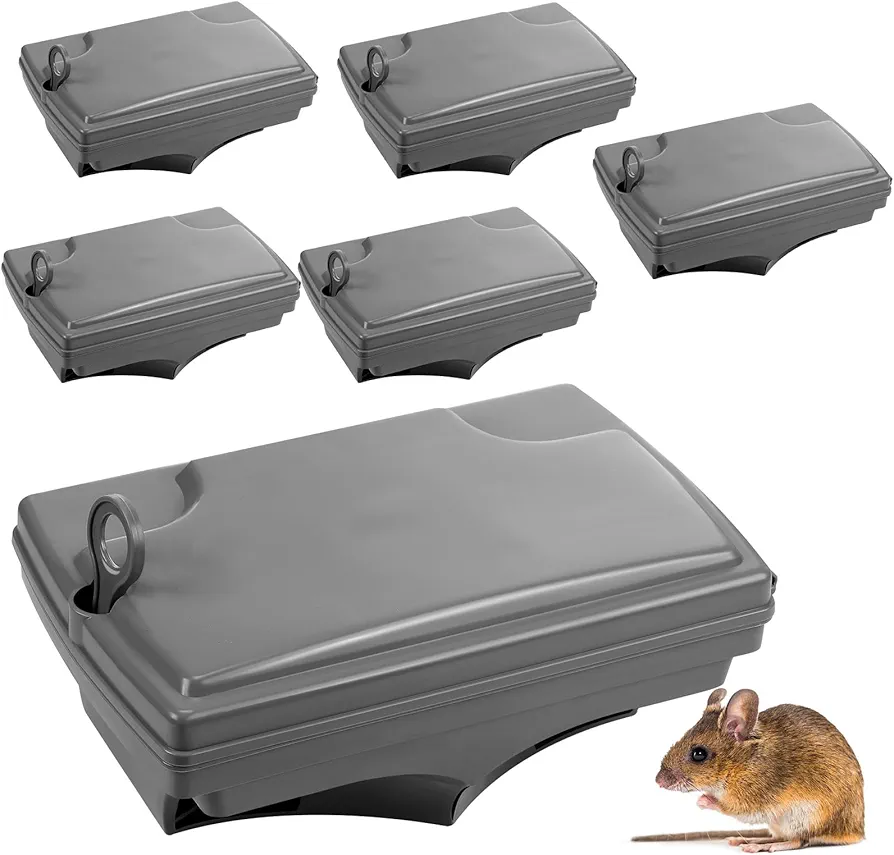 Qualirey 6 Pack Rat Bait Stations with 6 Keys Reusable Mouse Bait Stations Heavy Duty Bait Boxes for Rodents Outdoor Mouse Poison Holder Large Station Traps for Mice Pests, Bait Not Included (Grey)