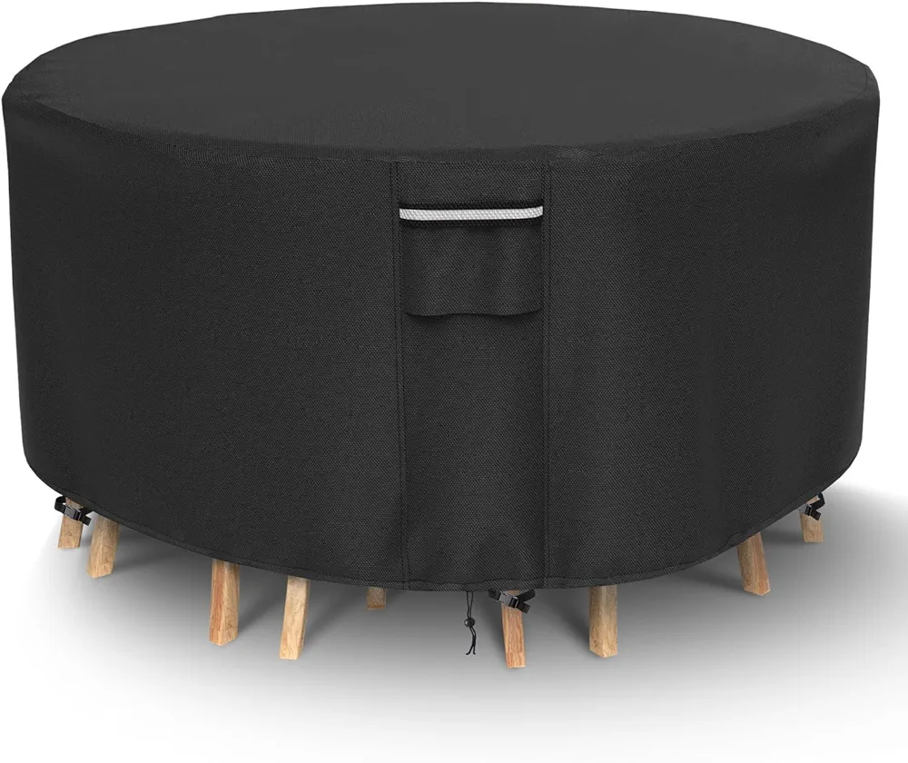 Round Patio Furniture Covers, Waterproof Outdoor Table Cover, Heavy Duty 500D Round Patio Table & Chairs Cover, Outdoor Covers for Patio Table, 62" Dia x 28" H -Black
