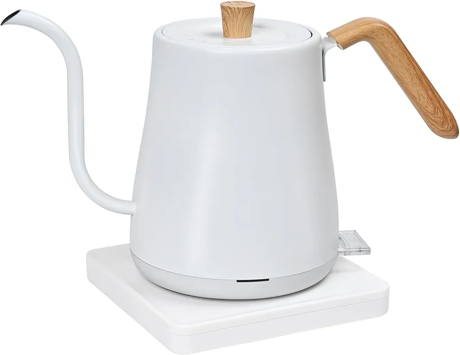 27oz Elegant White Gooseneck Electric Kettle, Small Tea Kettle Slim Chassis, 90° Vertical Water Flow Control, Auto Shut-Off, Anti-Dry Burning Double Safety Design