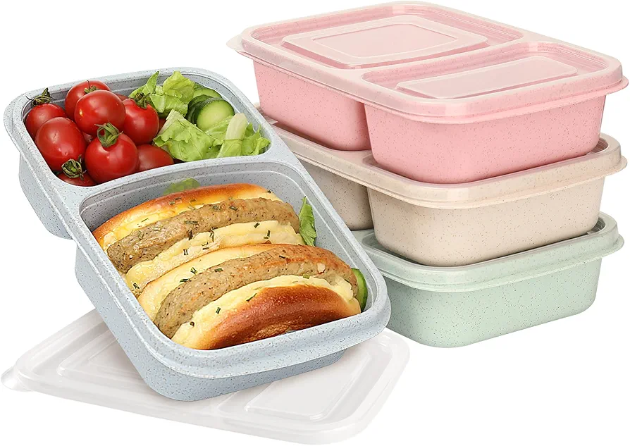 4 Pack Bento Lunch Box for Kids Adults, 2 Compartments Lunch Containers, Reusable Meal Prep Containers with Lids, Microwave & Dishwasher Safe, Divided Food Prep Containers for Travel, School ＆ Work