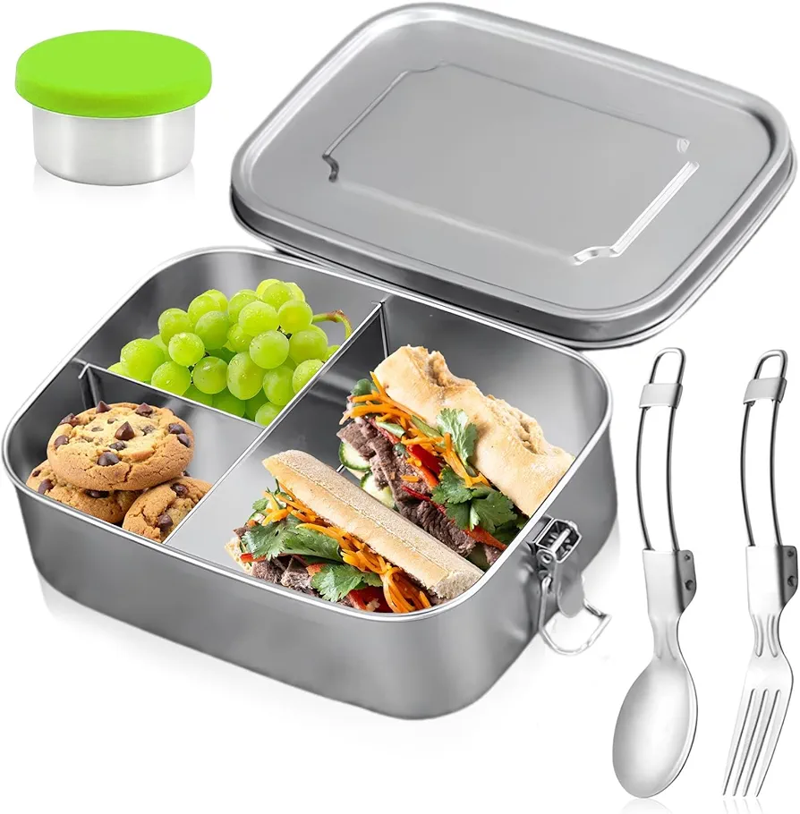 Stainless Steel Bento Box - 47oz - Bento Box 3 Compartments - Leakproof Stainless Steel Lunch Box - Stainless Steel Lunch Box for Kids