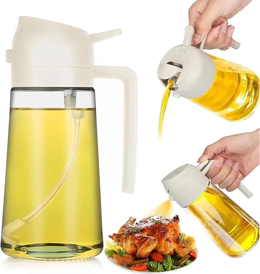 Kimilx Oil Sprayer for Cooking, 2 in 1 Oil Dispenser and Oil Sprayer for Kitchen, 15oz/450ml Glass Oil Bottle, Food-grade Oil Mister for Salad, Frying, BBQ (White)