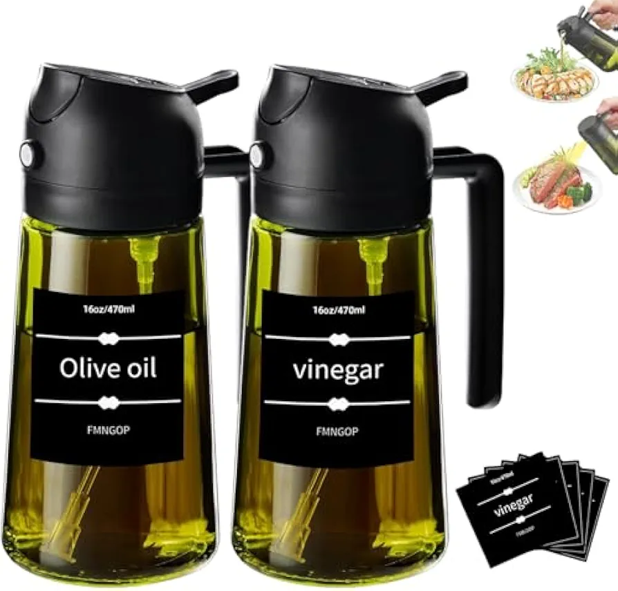 Kitchen 2 in 1 Oil Dispenserm,Kitchen 2-in-1 Oil Sprayer & Dispenser, Light Blocking Glass Bottle for Cooking, Baking, Salad Dressing (2pcs)
