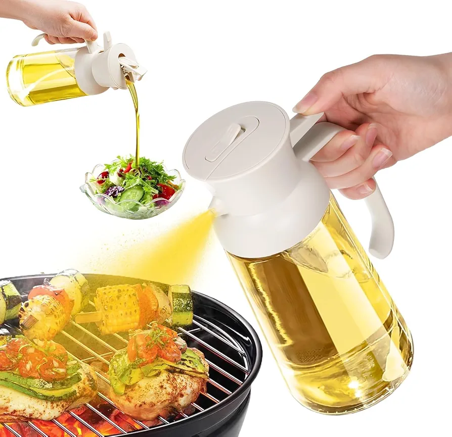 2 in 1 Oil Sprayer for Cooking, Olive Oil Dispenser Bottle for Kitchen, 18.6oz/ 550ml Premium Glass Oil Bottle, Food-grade Oil Mister for Air Fryer, Salad, Frying, BBQ(White)