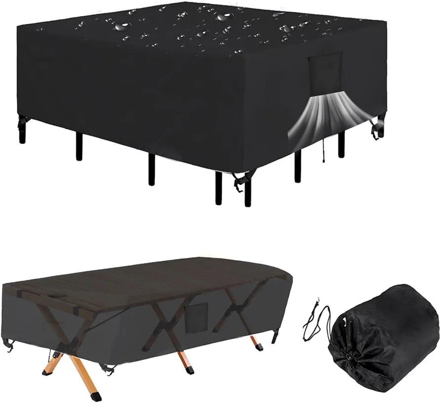 Rectangular Patio Heavy Duty Table Cover 600D Waterproof Outdoor Dining Table and Chairs General Purpose Furniture Cover 111"L×74"W×28"H
