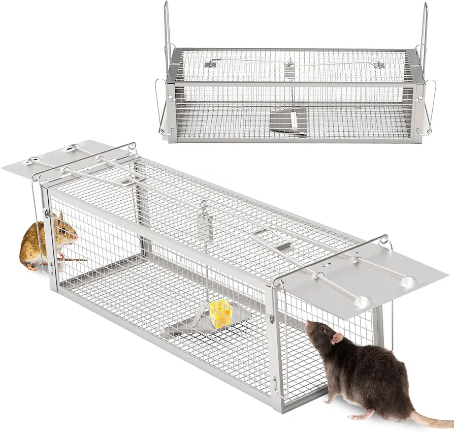 Humane Rat Trap, Live Dual Door Mouse Trap Cage Humane Live Rodent Dense Mesh Trap Cage Mice Mouse Raccoon Rodent Groundhog Control Catch w/ 2 Detachable U Shaped Rod for Indoor Home Outdoor…