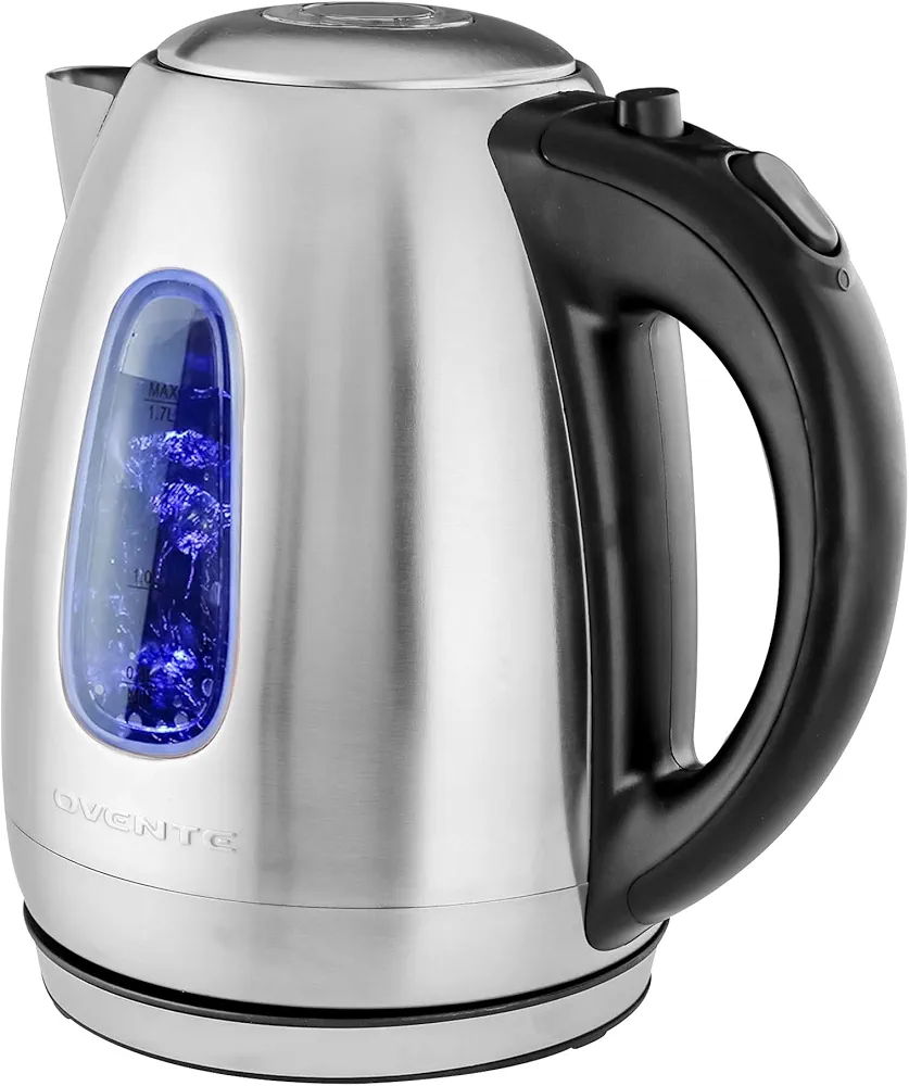OVENTE Electric Kettle Stainless Steel Instant Water Boiler BPA Free 1.7 Liter 1100 Watts Fast Boiling with Cordless Body and Automatic Shut Off Safe and Perfect for Tea Coffee Milk, Silver KS96S