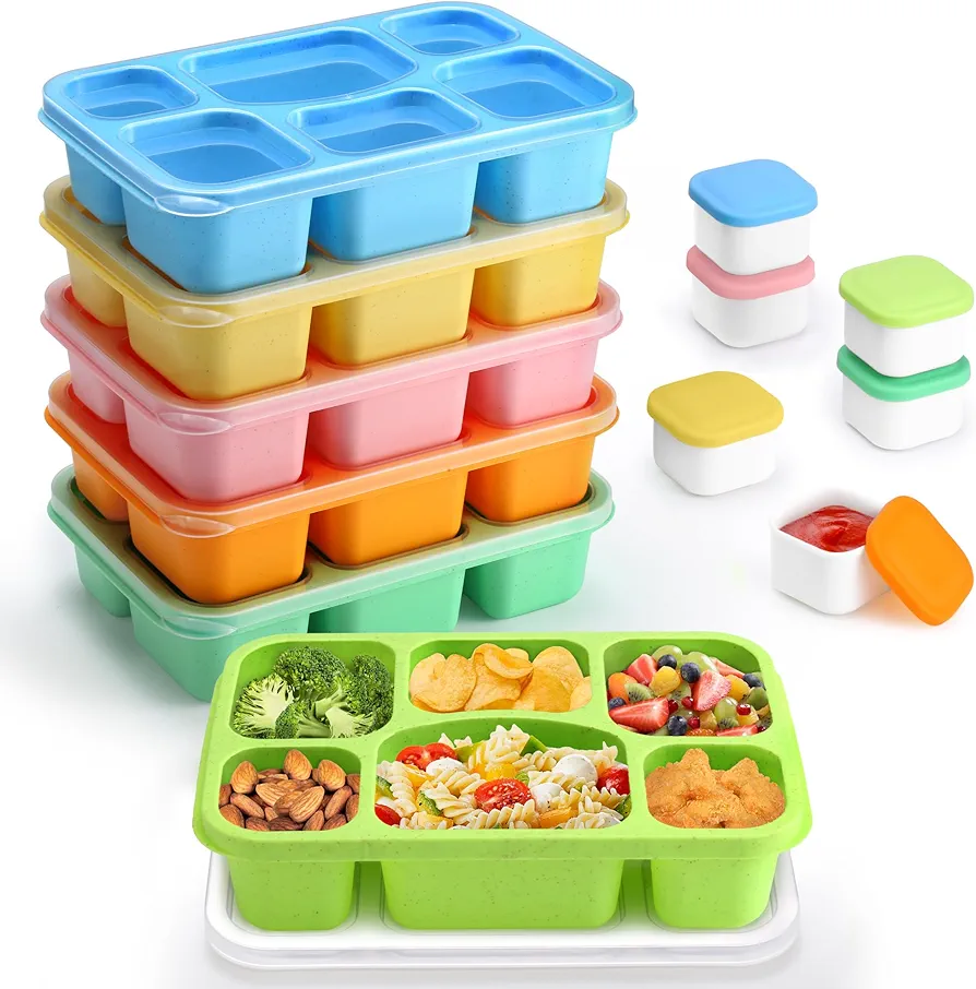 Bento Snack Box Containers, Meal Prep Lunch Box Containers Reusable for Kids, Stackable Bento Box Adult 6 Pack, Divided Food Storage Containers with Clear Lids, Sauce Container