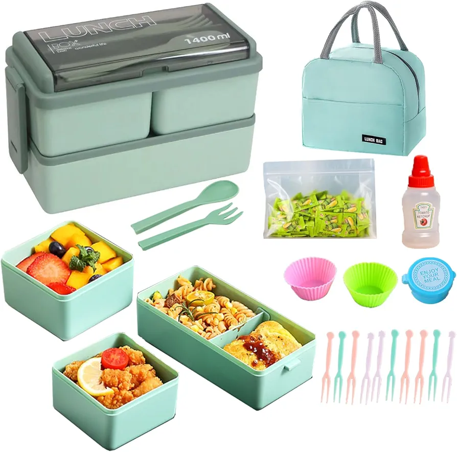 JENAGREN Bento Box Lunch Container, Stackable 2 Layers Meal Prep Salad Adult Lunch Box, Leak-Proof Sandwich Containers with Cutlery Sauce Jars for Adults Men Women Kids,GREEN