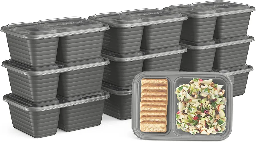 Bentgo Prep - 2-Compartment Snack Containers with Custom-Fit Lids - Reusable, Microwaveable, Durable BPA -Free, Freezer and Dishwasher-Safe Meal Prep Food Storage - 10 Trays & 10 Lids (Pewter)