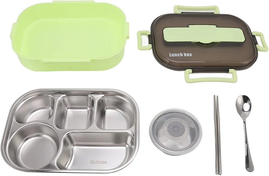 Lunch Container Box Stainless Steel Thermal Lunch Storage Box with Soup Bowl Chopsticks Spoon Leakproof Bento Lunch Box with Utensils for Adults (Green)