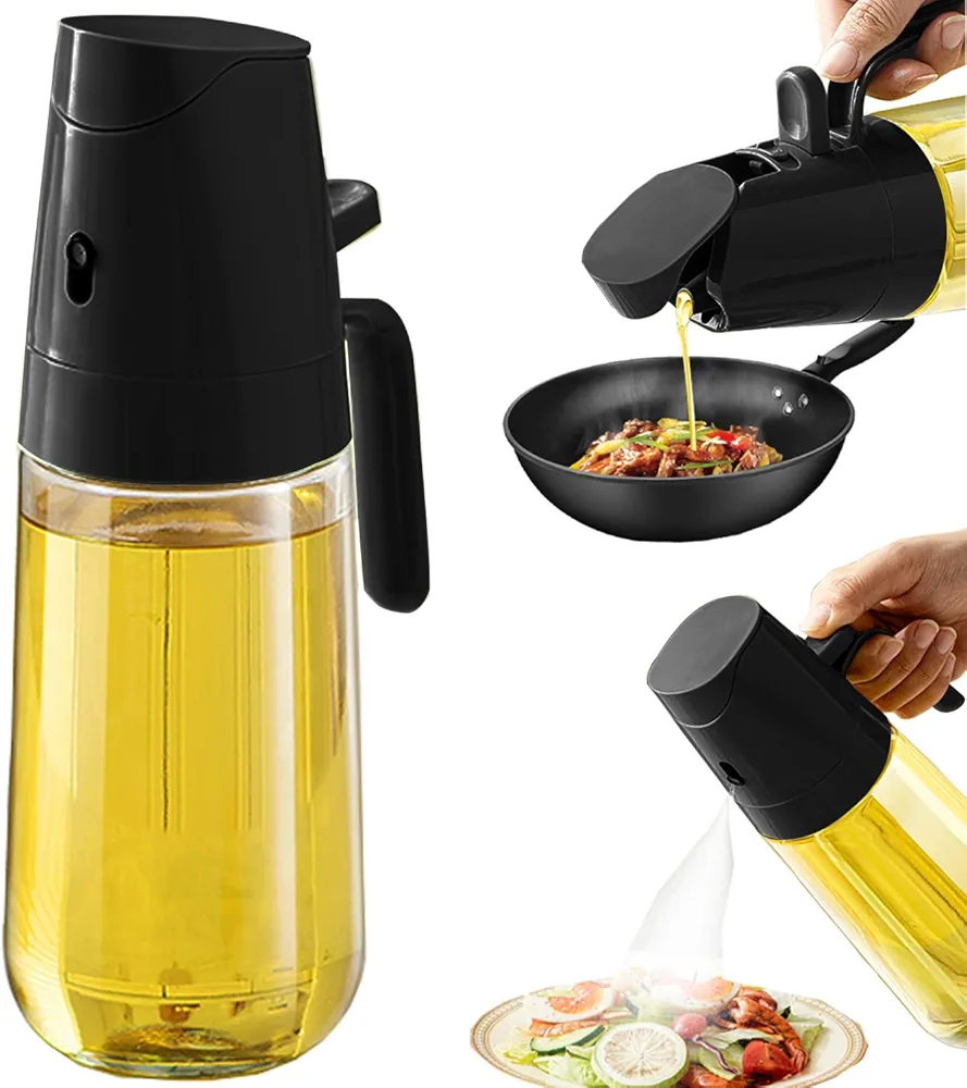 500ml Glass Oil Dispenser Bottle for Kitchen, 2 in 1 Oil Sprayer and Olive Oil Dispenser,16.9oz Olive Oil Bottle - Oil Spray Bottle for BBQ,Salad，Cooking, Kitchen (Black)
