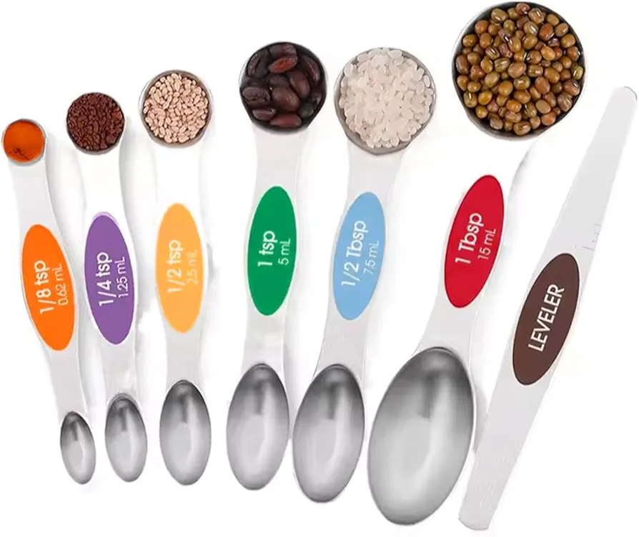 Set of 7 Stainless Steel Magnetic Measuring Spoons Set with Leveler - Stackable Tablespoon Measure Spoon for Baking and Cooking, Kitchen Gadgets for Apartment Essentials (Multicolor)