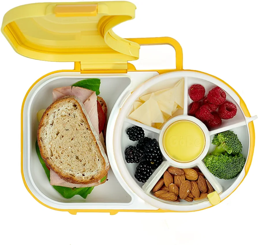 GoBe Kids Lunchbox with Small Snack Spinner Flip - Bundle with Hand Strap & Sticker Sheet, 2-in-1 Bento Style Lunch Container, 5 Small +1 Large Sandwich Compartment, BPA & PVC Free - Lemon Yellow