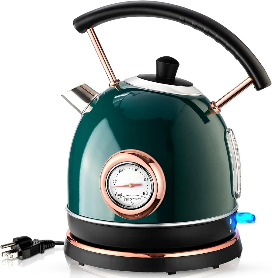 Pukomc 1.7L Electric Water Kettle with Temperature Gauge, Hot Water Boiler & Tea Heater with Curved Handle, Visible Water Level Line, Led Light, Auto Shut-Off&Boil-Dry Protection,Green