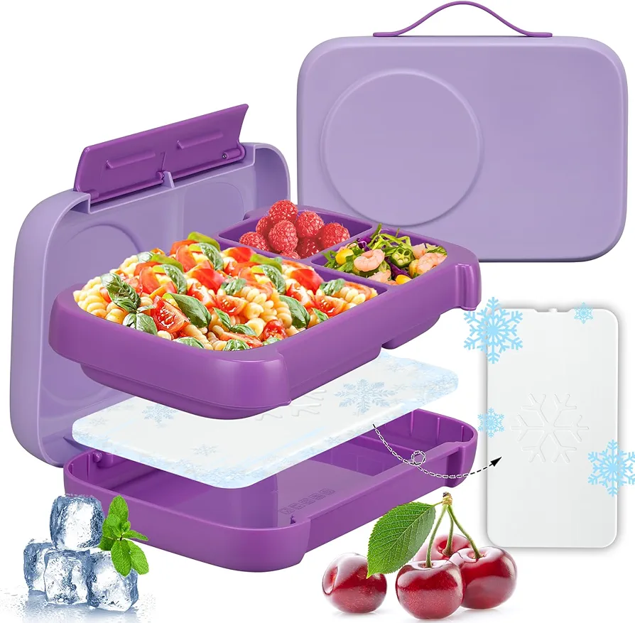 Bento Box for Kids,Kids Bento Lunch Box with Built-in Ice Pack for School,3 Compartments Leak Proof Lunch Container with Utensils for Girl Boy;BPA Free,Microwave & Dishwasher Safe, 44oz(Purple)