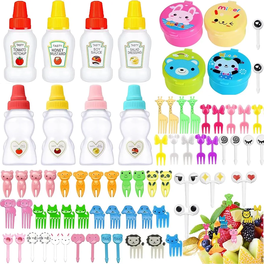 72 Pack Lunch Box Accessories, Including Mini Ketchup Bottle Bear Shaped Condiment Squeeze Bottles Small Sauce Containers Animal Food Picks for Travel Bento Box Picnic