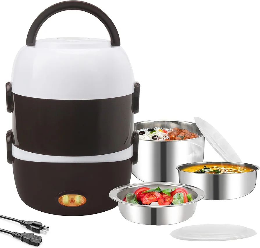 3 Layers Electric Warmer Lunch Box Food Heater Portable Bento Rice Cooker Office Lunch Containers Warming Home Food Grade Material Steamer with Stainless Steel Bowls, Egg Steaming Rack -Brown