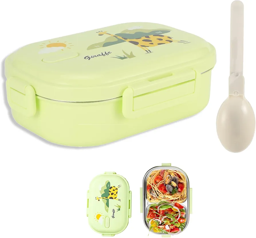 Niiyen Lunch Box, 720ml 2 Compartments Food Lunch Containers with Spoon, Portable 304 Stainless Steel Kids Bento Lunch Box, Cold and Hot Food Storage, for School Picnic Office