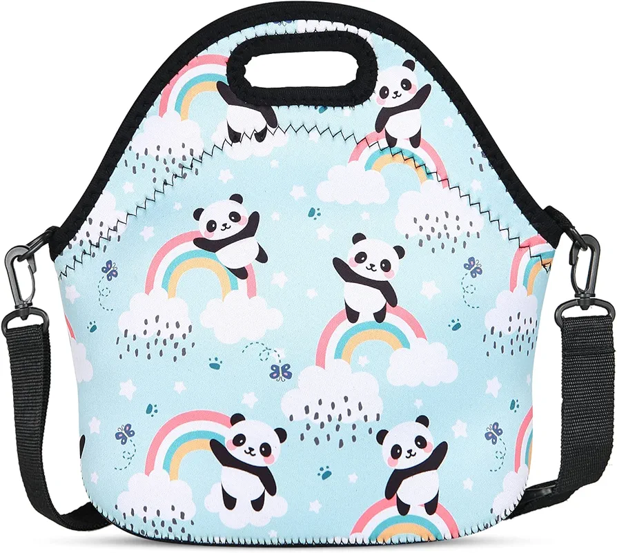Violet Mist Womens Neoprene Insulated Lunch Bag Cute Reusable Lunch Box Panda Cartoon Animal Lunch Bags Tote Thick Food Handbags with Adjustable Shoulder Strap for Women Men Adults Picnic Work Gifts