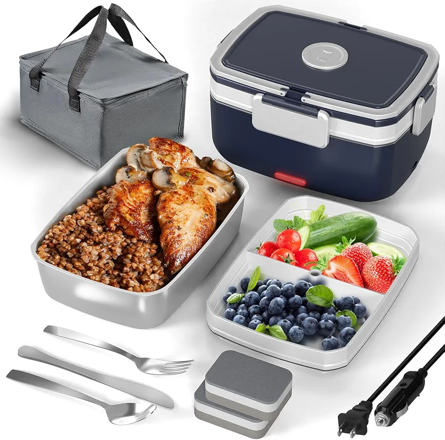 Electric Heated Lunch Box for Men, 2 Liters 90 W Double Layer Portable Food Warmer for Car Truck Self Heating Lunch Box for Work Food Heater for Adults Travel Camping lonchera,Dark Blue