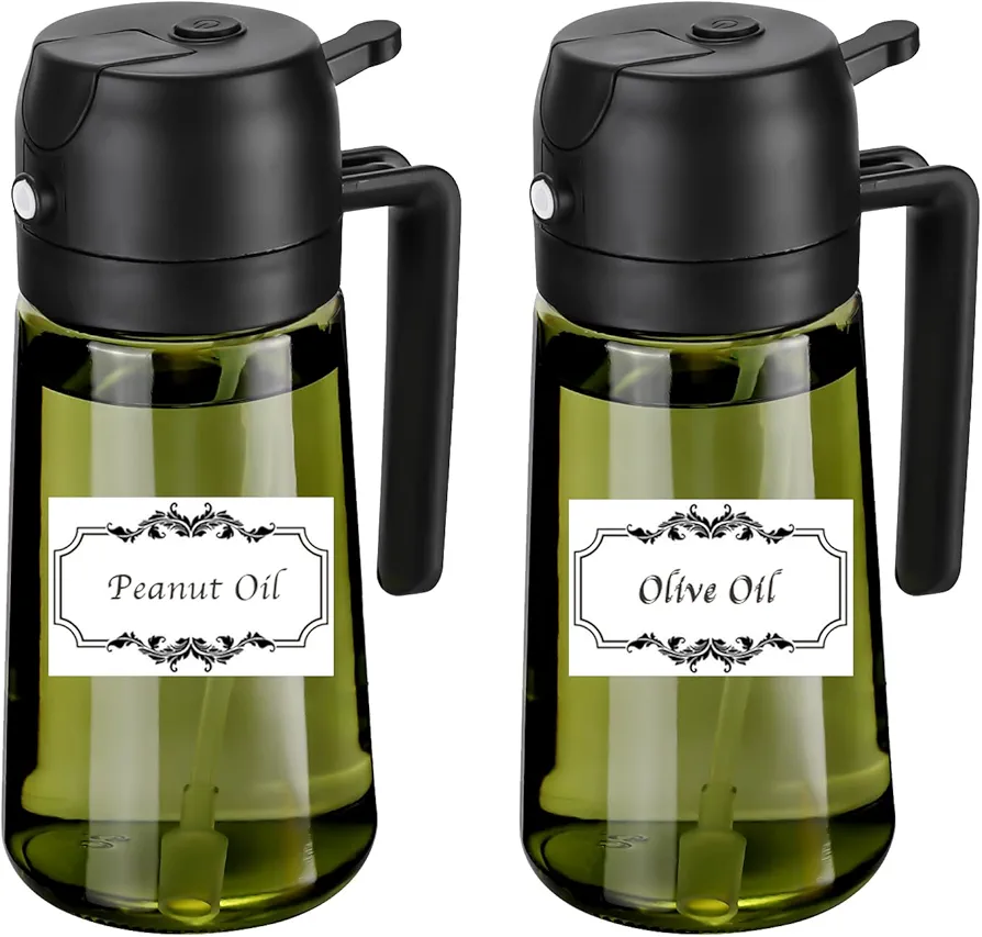 Oil Sprayer for Cooking-2 in 1 Olive Oil Dispenser, 16oz/470ml Oil Dispenser Light Blockage Green Bottle Oil Mister for Air Fryer, BBQ,Salad, Frying, Barbecue (2Green Bottle Black Cap)