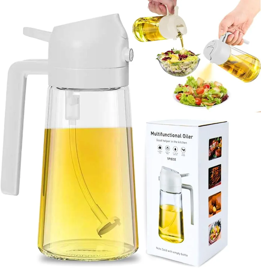 Oil Sprayer for Cooking 2 in 1, Glass Olive Oil Mister Spray Bottle, 470ml/16 Oz Spritzer for BBQ, Air Fryer, Salad, Baking, Grilling & Frying