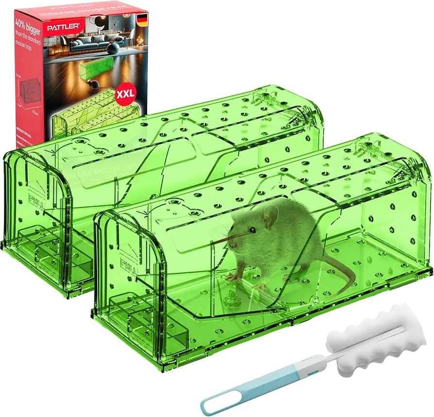 PATTLER® | Large Humane Mouse Trap for Indoor and Outdoor Home | Mechanical Reusable Live Mouse Traps Catch and Release Mice from Garden, Garage, Attic, Inn, Hotel | Green | Pack of 2
