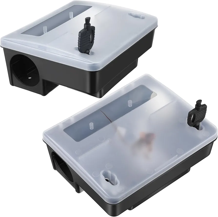 Qualirey 2 Pcs Rat Bait Station Boxes with Key, Rat Trap Boxes with Transparent Lid Heavy Duty Bait Blocks for Mice and Rats Plastic Mouse Bait Traps for Garden Home Outdoor