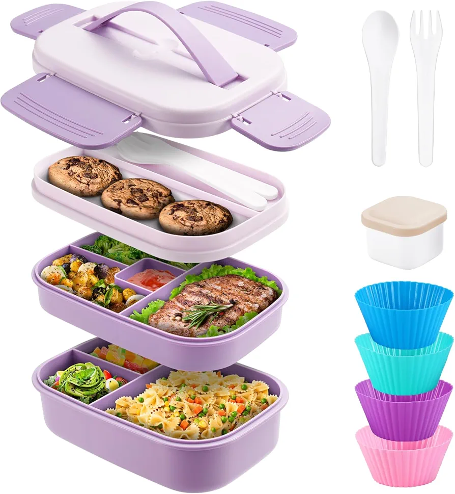 QQKO Bento Box Adult Lunch Box, 3 Stackable Bento Lunch Containers for Adults, Bento Box for Kids, 1900 ML Food Containers, Leak-Proof, Microwave, Dishwasher Safe, Lavender