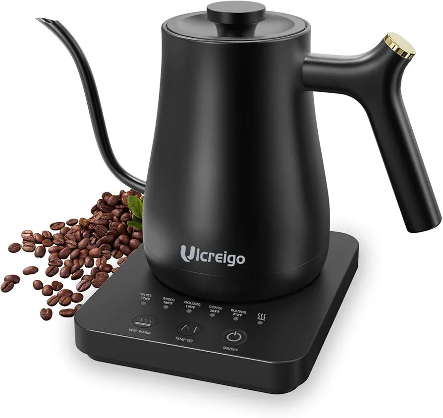 Gooseneck Electric Kettle,Ulcreigo Tea Kettle for Boiling Water,Temperature Control with 5 Presets,Hot Water Boiler Heater for Pour Over Coffee, Keep Warm 2 Hours,304 Stainless Steel (Black)